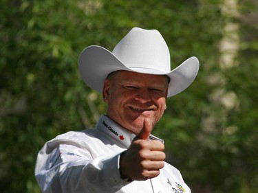 Home Improvement guru Mike Holmes gives his trademark thumbs up as the leads the 2009 Calgary Stampede parade as the parade marshal.