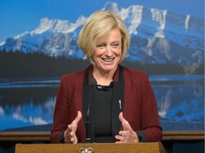 Alberta Premier and NDP Leader Rachel Notley during a press conference at the Alberta Legislature in Edmonton on June 15, 2015.