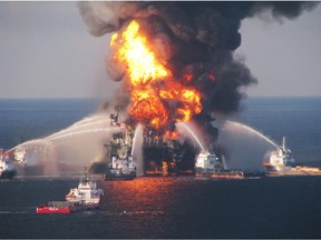 Fire boats battle a fire at the Deepwater Horizon offshore rig on April 21, 2010 in the Gulf of Mexico off the coast of Louisiana.