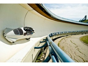 The summer bobsleigh at Canada Olympic Park in Calgary can reach speeds of 80 km/h.