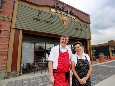 Hubert Aumeier, left, owner of Evelyn's Memory Lane Cafe and Evelyn Zabloski, outside the High River diner that has been a town hub for more than a decade. Photo Leah Hennel, Calgary Herald