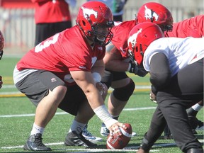 The Calgary Stampeders' Pierre Lavertu takes part in team training at McMahon Stadium.