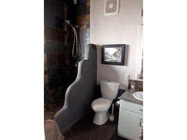 A bathroom inside the Kinney earthship