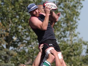 Chris Long of the of the Prairie Wolf Pack comes up with the ball on a line out during practice Friday June 26, 2015 at the Calgary Rugby Park. They play the BC Bears on Sunday in the semi-final of the Canadian Rugby Championships.