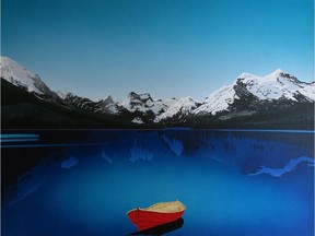 One of the pieces in the Water exhibit at the Whyte Museum of the Canadian Rockies (David Thauberger, CM, RCA, Maligne Lake, 2011, acrylic on canvas, 42" x 54", private collection).