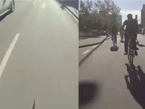 A screen shot from a video comparing 12th Avenue before and after the installation of the cycle track.