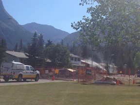 Smoke hangs in the air at the scene following an explosion near the Bow River Senior Citizens' Lodge in Canmore.