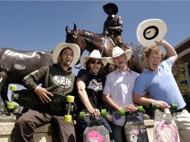 The 2007 Stampede Parade grand marshals, from left, Carlos Koppen, Rob Lewis, Aaron Jackson and Benjamin Jordan, named  in recognition of their cross Canada ride in support of fighting breast cancer.