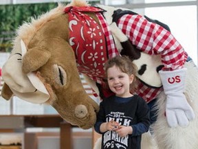 Harry the Horse has some fun with Victoria Cortis, age 3, during the official opening of the Agrium Western Event Centre at Stampede Park in Calgary on Saturday June 21, 2014.