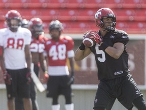 Quarterback Dante Djan throws during Calgary Stampeders training camp on Tuesday. The Henry Wise Wood grad and current St. Francis Xavier X-men pivot is soaking it all in.