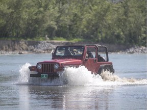 A man and his dog drive through the Bow River in a Jeep near the Graves Bridge on Glenmore Trail in Calgary on Monday, June 8, 2015.