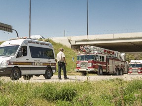 Calgary Fire Department trucks line up at the east entrance to the Canadian Wilds exhibit at the Calgary Zoo in Calgary on Tuesday, June 9, 2015 after a grass fire started in an animal pen. (Aryn Toombs/Calgary Herald)