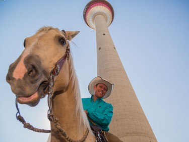 David Cowley prepares to lead his horse to the observation deck of the Calgary Tower.