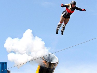 Jennifer Schneider is one of the few female cannon balls in the world, and she performed at the Bell Adrenaline Ranch at the Calgary Stampede in Calgary, on July 3, 2015.