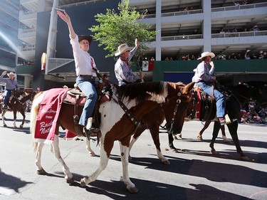 Premier Rachel Notley rides during the Calgary Stampede parade on July 3.