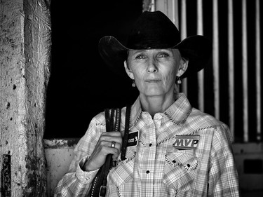 Barrel racer Nancy Hunter from Neloa, Utah, before her ride at the Calgary Stampede on July 5, 2015.