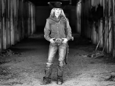 Barrel racer Carlee Pierce, 35, from Oklahoma before competing at the Calgary Stampede on July 4, 2015.