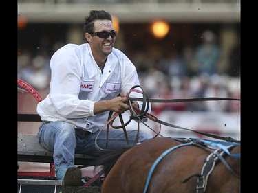 Kurt Bensmiller, winner of the 2015 Calgary Stampede GMC Rangeland Derby's Chuckwagon Racing at the Stampede Grandstand in Calgary on Sunday, July 12, 2015.