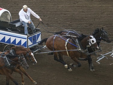 Jerry Bremner takes heat five, day nine, of the GMC GMC Rangeland Derby at the Calgary Stampede Grandstand in Calgary on Saturday, July 11, 2015.