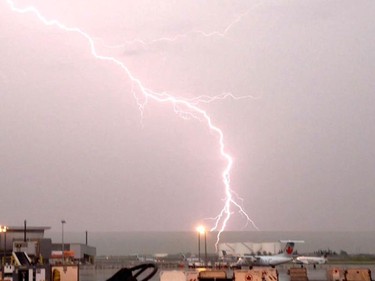 Lightning at the Calgary International Airport Sunday morning via Geoff Nicholas.