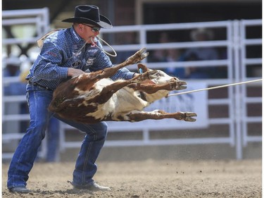 Curtis Cassidy was the second quickest for Day 9 of tie-down roping action at the 2015 Calgary Stampede,, on July 11, 2015.