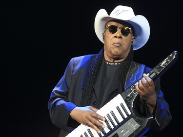 Stevie Wonder plays the synth keytar during the last Saddledome concert performance of the 2015 Calgary Stampede in Calgary, on July 12, 2015.