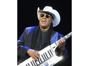 Stevie Wonder plays the synth keytar during the last Saddledome concert performance of the 2015 Calgary Stampede in Calgary, on July 12, 2015.