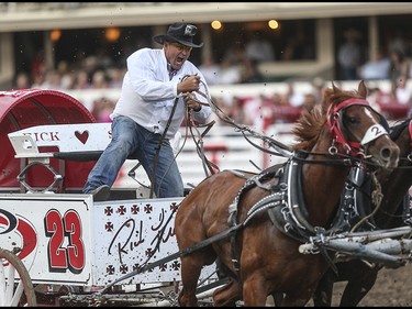 Rick Fraser races during heat six, night ten, of the 2015 Calgary Stampede GMC Rangeland Derby's Chuckwagon Racing at the Stampede Grandstand in Calgary on Sunday, July 12, 2015.