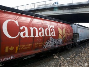 A Canadian Pacific Rail train hauling grain passes through Calgary