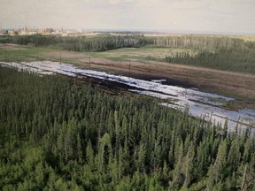 A Nexen-supplied image of a pipeline oil spill near the Long Lake oil sands operation is shown at a press conference in Calgary, Alta., Friday, July 17, 2015.THE CANADIAN PRESS/Larry MacDougal