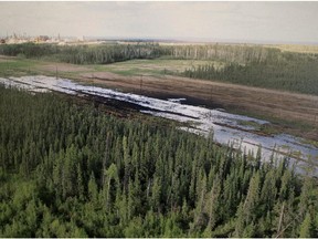A Nexen-supplied image of a pipeline oil spill near the Long Lake oil sands operation.