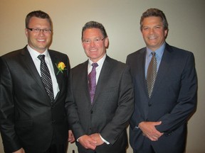Business in Calgary Leaders dinner held recently at the Metropolitan Centre was attended by a veritable who is who. Pictured, from left, are dinner platinum sponsor MNP represented by Trevor Winkler, regional managing partner; Randy Mowat, senior vice-president and Tony Smith, private enterprise.