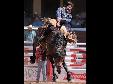 Cassian Haudegand from Cadogan, Alta from rides You See Me in the novice bareback event during Day 1 of the Calgary Stampede rodeo on  Friday July 3, 2015.