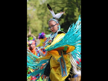 First Nations dancers perform during a powwow on Prince's Island on Canada Day 2015.