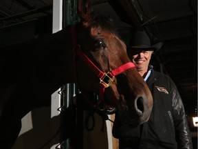 Chad Harden with his horse Barney, who is now 18 years old but remains a star of his chuckwagon outfit.