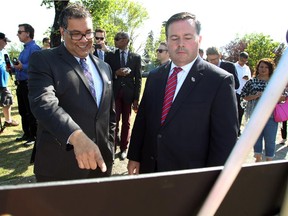Calgary Mayor Naheed Nenshi and Minister of National Defence and Minister for Multiculturalism Jason Kenney at the announcement of $1.53-billion in federal funding for a Calgary Transit's Green Line on July 24, 2015.