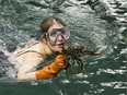 Kristin retrieves a lobster from the tank at Dalhousie University during the Bubbles portion of the Detour on this week's episode of The Amazing Race Canada.