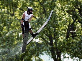 Olds' Ryan Dodd sails through the air in the men's waterskiing jump preliminary round during the Pan American Games in Toronto on Tuesday. Dodd finished in first place.