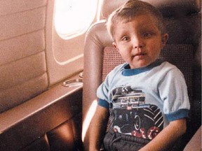 Five-year-old Curtis Nadeau buckling up for the flight to London, Ont. in 1986 for a liver transplant surgery. (Calgary Herald file photo)