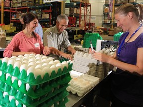 Volunteers from left, Carolyn Renouf, Gilbert Cordell and Margaret Bon work on the delicate task of repackaging eggs into cardboard containers of a dozen at the Calgary Interfaith Food Bank in Calgary on August 26, 2014.