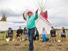 Tsuu T'ina Chief Roy Whitney stands at the ground breaking for the new All Chiefs Sportsplex to be built on the Tsuu T'ina nation.