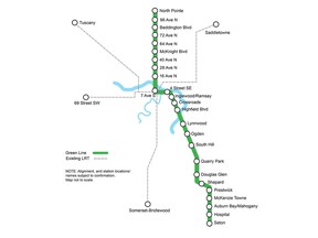 A map of the planned Green Line LRT.