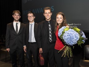 The Dover Quartet after they swept all the prizes at the Banff International String Quartet Competition
From left to right:  Camden Shaw, cello, Bryan Lee and Joel Link, violins, Milena Pajaro-van de Stadt, viola, who all offered a spectacular concert of Viktor Ullmann and Franz Scubert on Friday night at Rolston Hall.