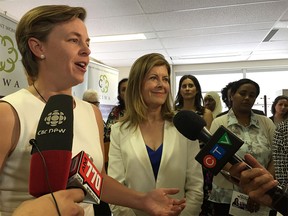 Calgary Centre MP Joan Crockatt, right, and Kellie Leitch, the Minister of
Labour and Minister for the Status of Women, speak to media at the Calgary
Immigrant Women¹s Association on Wednesday July 15, 2015.