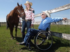 Barrel racer  Sydney Daines with her horse Flame and her dad, former Stampede bronc rider, Duane Daines, pose at the family's Diamond D ranch near Innisfail. This year will be the 18 year old's first Calgary Stampede.
