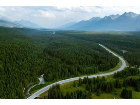 Aerial overview of Highway 93 South in Kootenay National Park.