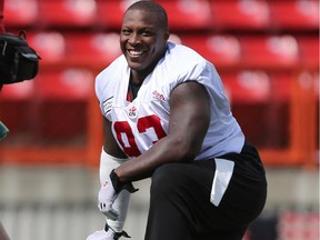 Calgary Stampeder's #93 Micah Johnson, takes a break during practice last season at McMahon Stadium.