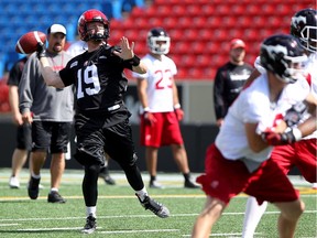 Calgary Stampeders quarterback Bo Levi Mitchell passed the ball down field as he practised with teammates at McMahon Stadium earlier this week.