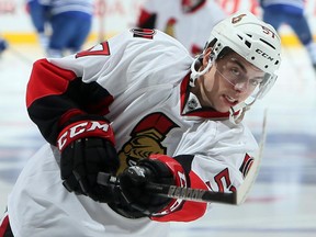 Derek Grant, shown in a pre-game warmup with the Ottawa Senators, during the 2012-13 season, chose the Flames' offer on July 1 because he liked the direction the team is going.