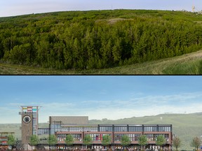 Top: the eastern Paskapoo Slopes. 
Bottom: The developers' renderings  of the proposed Trinity Hills development on the Paskapoo Slopes east of Canada Olympic Park.
